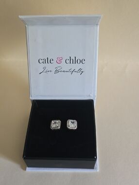 Kate & Chlpe Square Halo Crystal Stud Earrings - Silver/Clear